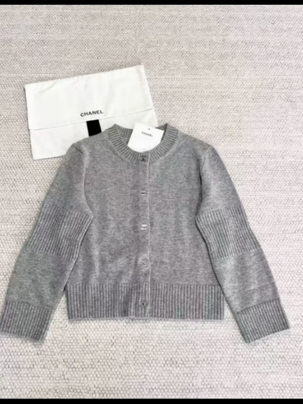 CHANEL Gray Ribbed Cashmere Cardigan